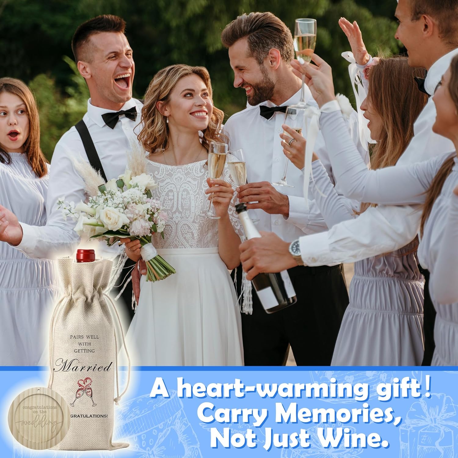 Burlap Wine Bags With Drawstrings & Wood Coaster-Pairs Well With Getting Married-Congratulations Bottle Bags For Bride & Groom-Reusable Wine Gift Bags For Bridal Shower Wedding Party Favors-A10