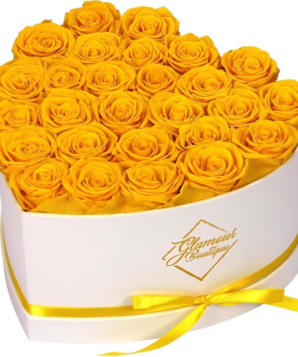 GLAMOUR BOUTIQUE Preserved Roses in a Box - Gifts for Her, Wife & Mom, Rose Flowers Forever Decor for Birthday Gift, Get Well Flower Bouquet Cased in White Box with Cover - Yellow - 27-Piece