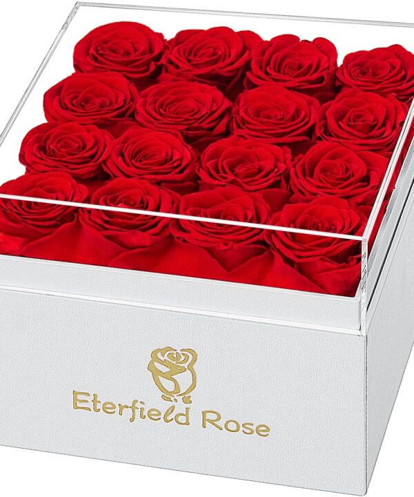 Eterfield Forever Flowers Preserved Roses Real Roses That Last Over a Year Rose Box Gifts for Her Mothers Day Valentines Day Christmas (Square White Box, 16 Red Roses)