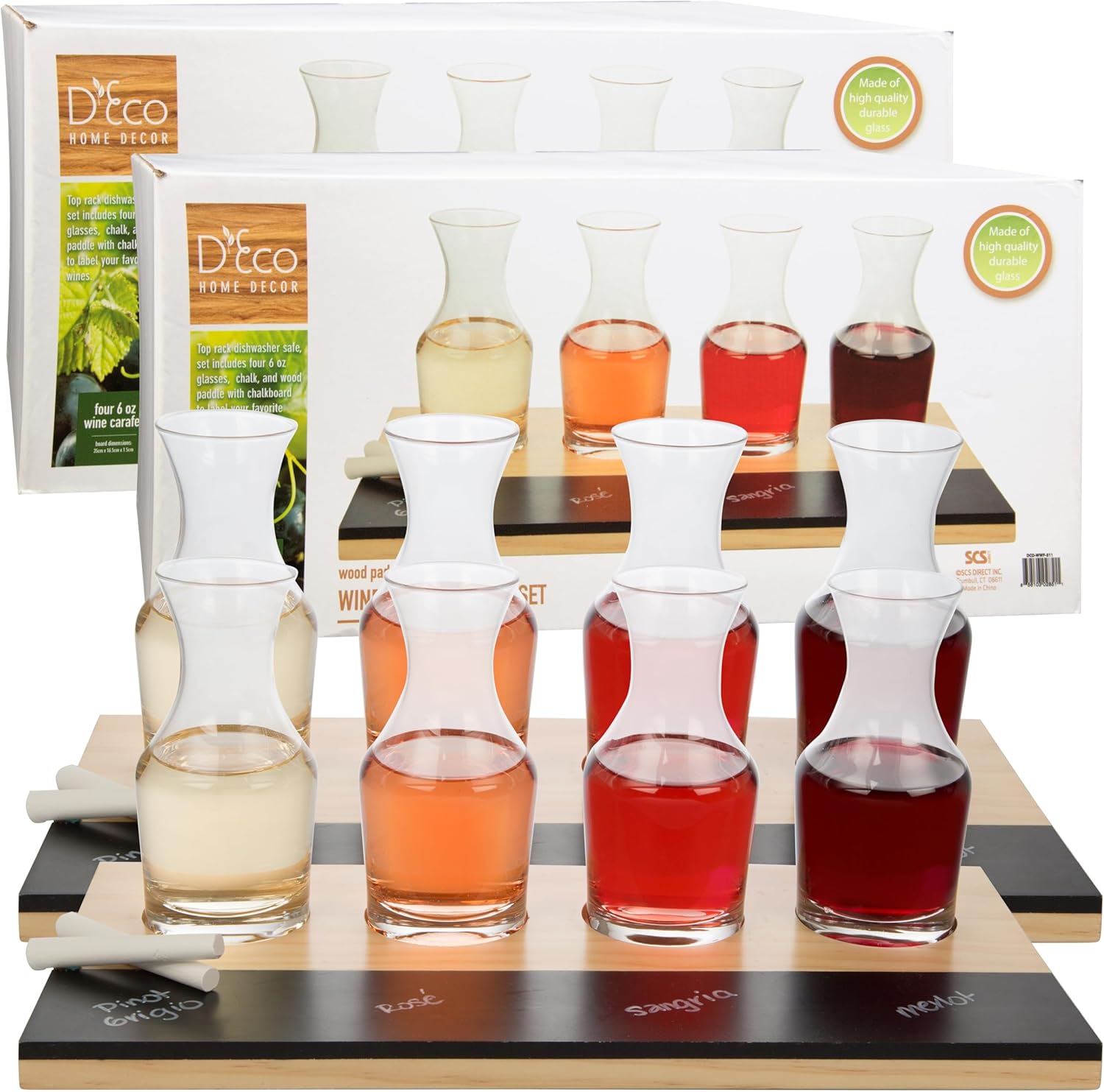 Wine Tasting Flight Sampler Boards (2Pk)- Set Includes Eight 6 oz Decanter Glasses & 2 Wood Chalkboards – Great for Charcuterie Boards, Wine Taste Testing, Date Nights – Holiday Xmas Gift Must Have