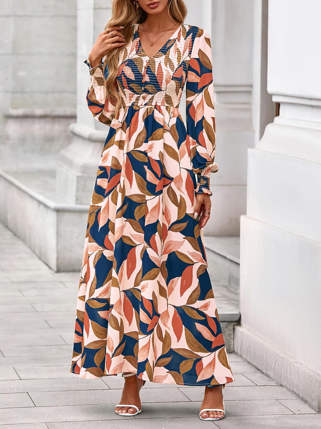 BTFBM Women Fall Wedding Guest Maxi Dresses 2025 Floral V Neck Long Sleeve Boho Long Dress Vacation