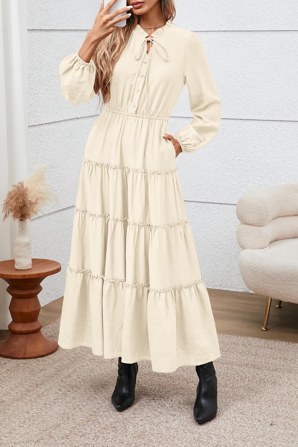 MASCOMODA Fall Long Sleeve Maxi Dresses for Women 2025 Casual Boho Button Ruffle Neck Tiered A Line Flowy Wedding Guest Dress