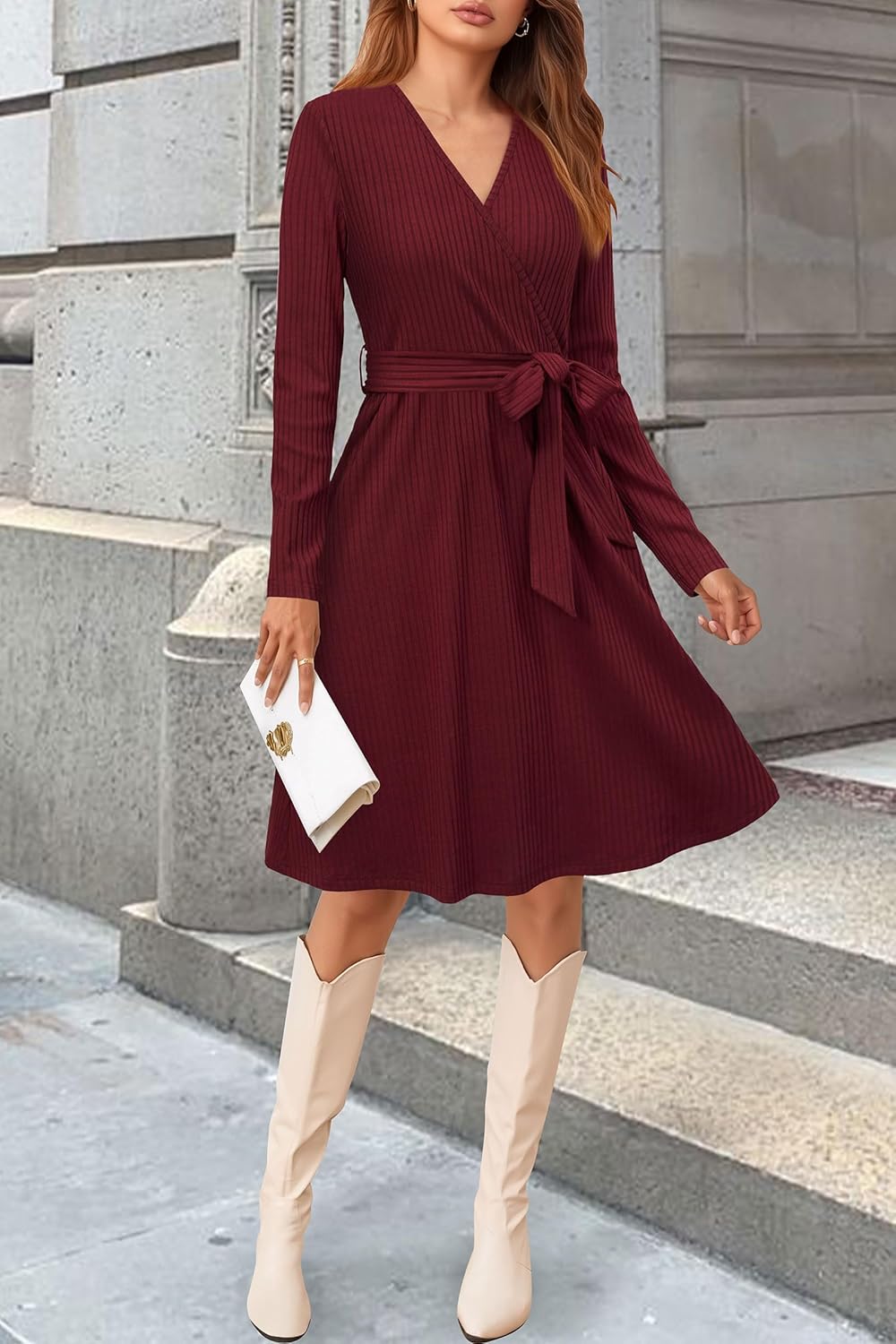 Newshows Womens 2025 Fall Dresses Teacher Church Business Casual Work Outfits Knit Midi Sweater Pockets Belt Dress