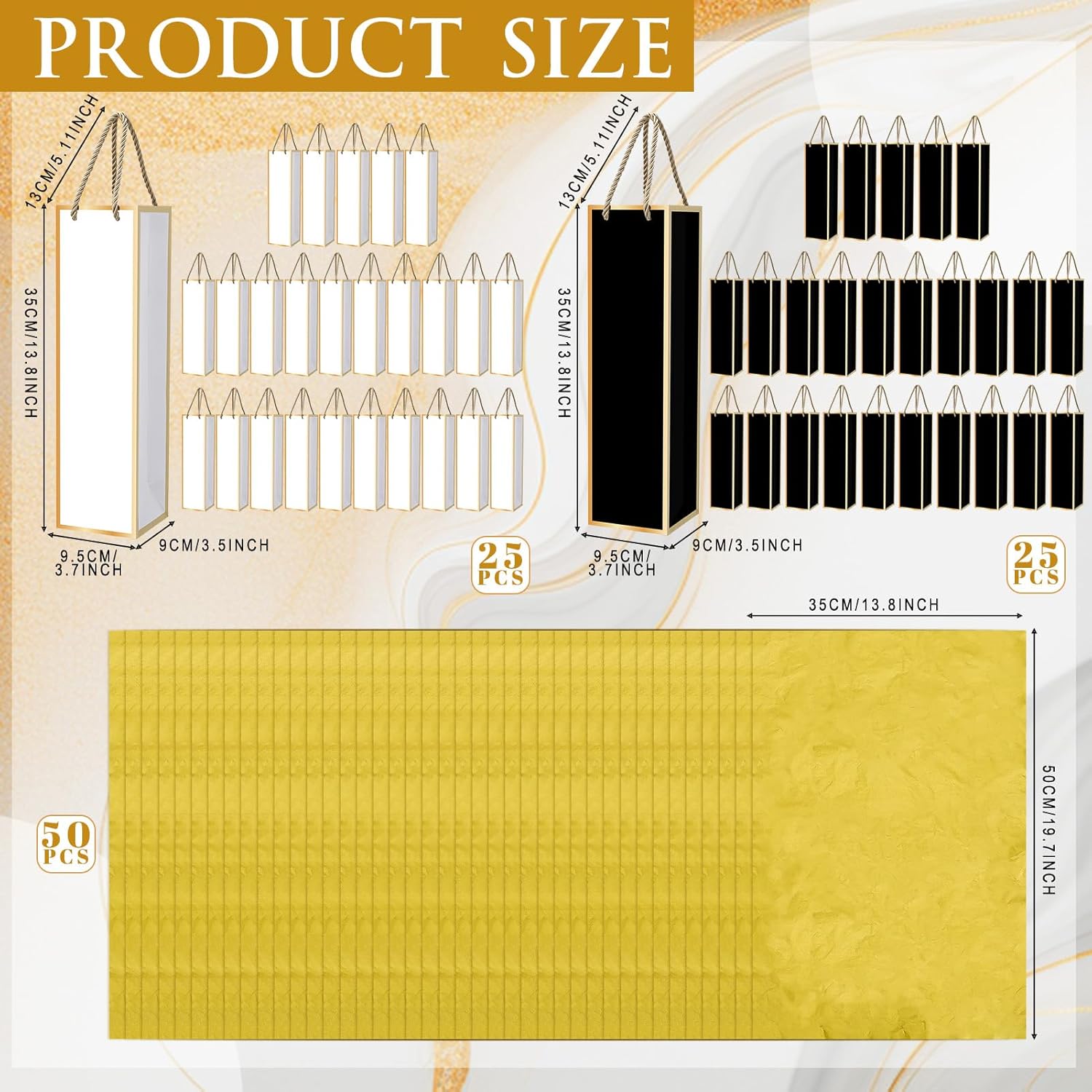 Ovveroche 50 Pack Wine Gift Bag with Handles and Tissue Paper Wine Bottle Gift Bags for Holiday Birthday Wedding Graduations Fathers Day Party, Black+White