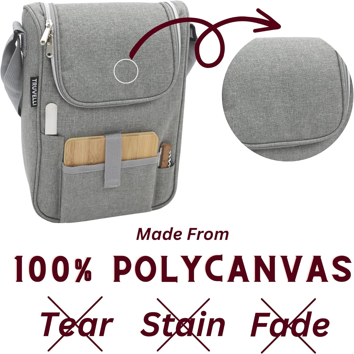 Truvelli Insulated Wine Tote Bag: Portable 2 Bottle Cheese Waterproof Black Canvas Carrier Picnic Kit – Stopper Attachment, Plus Wooden Charcuterie Board