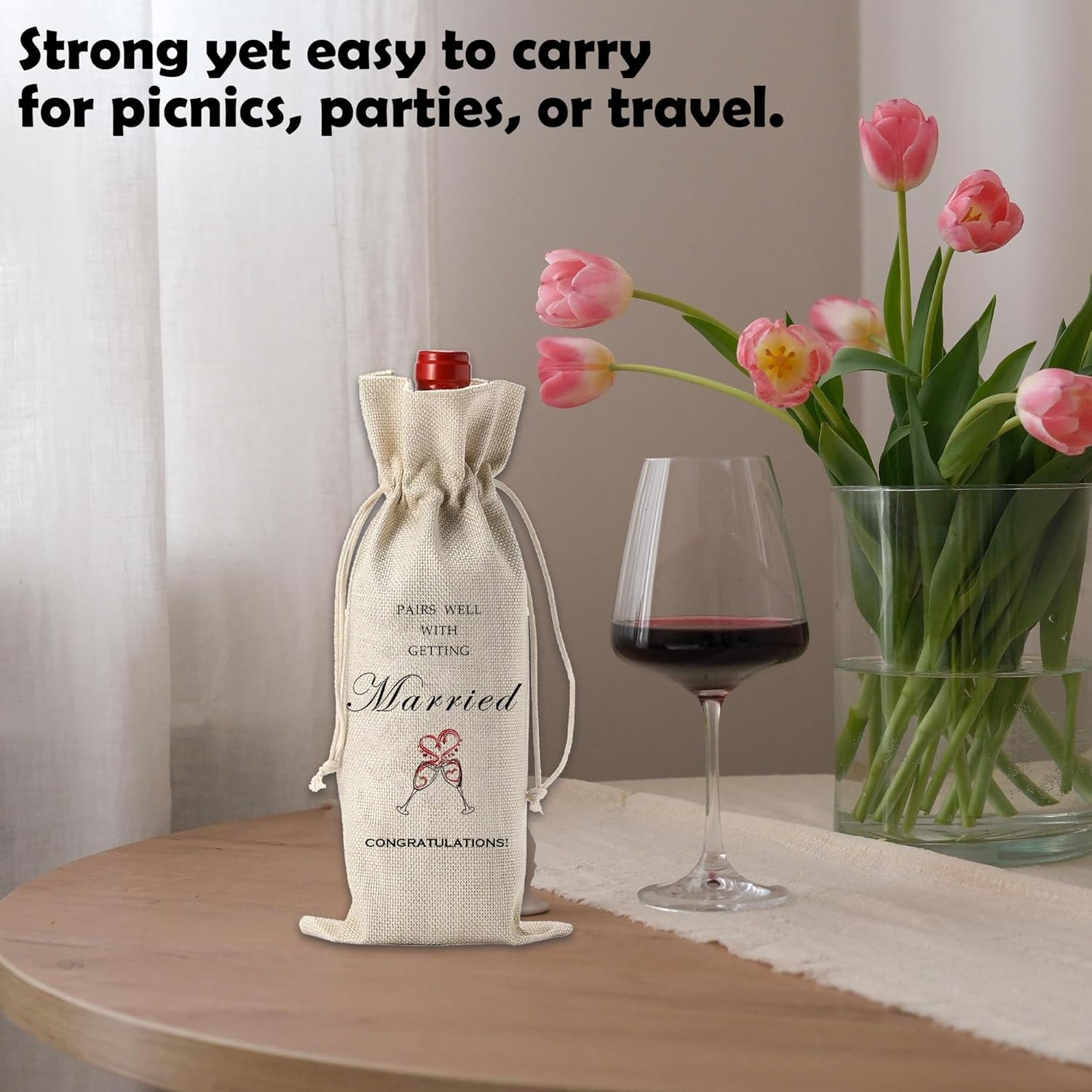 Burlap Wine Bags With Drawstrings & Wood Coaster-Pairs Well With Getting Married-Congratulations Bottle Bags For Bride & Groom-Reusable Wine Gift Bags For Bridal Shower Wedding Party Favors-A10