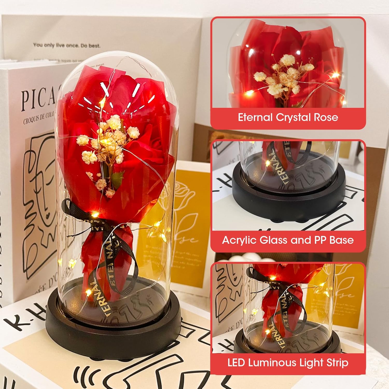 Preserved Flowers Bouquet for Her, Forever Fresh Flowers for Delivery Prime, 3 Red Roses in Glass Dome Valentines Mothers Day Gifts for Mom Wife Sister