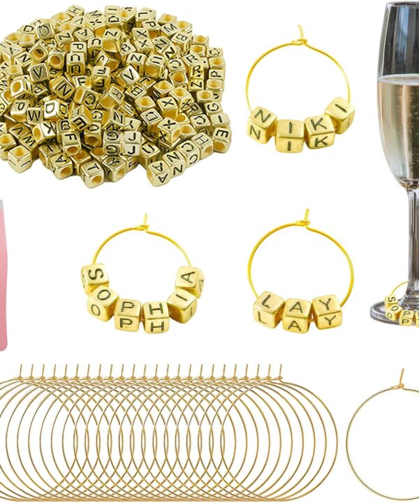50 Sets Wine Glass Charms, Wine Charms for Stem Glasses, DIY Reusable Drink Markers for Weddings & Bachelorette with Alphabet Beads