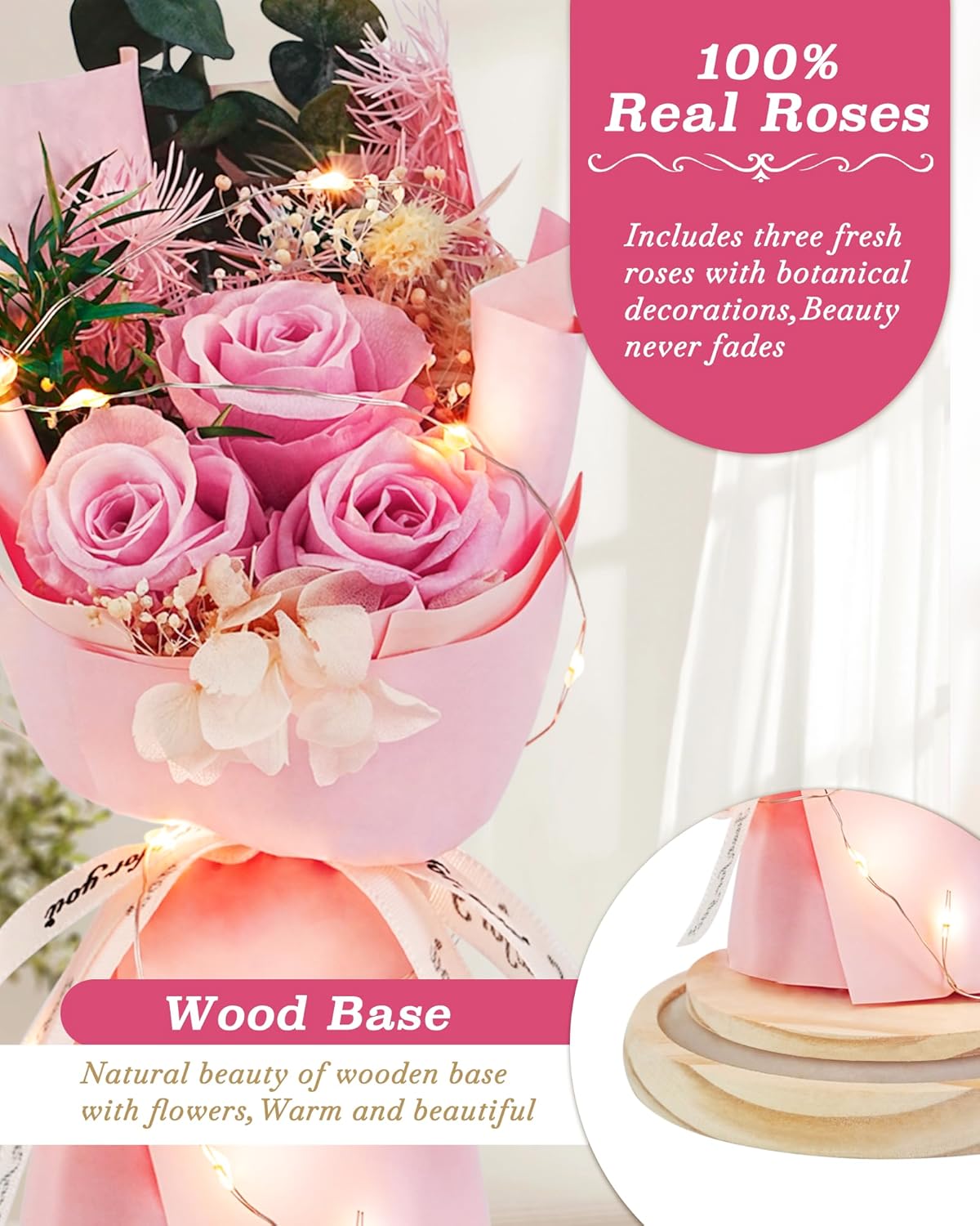 HVY Preserved Flowers Gifts for Her,Preserved Rose Bouquet in Glass Dome,Forever Flowers Fresh Bouquet Present for Women Mothers Day Birthday Gifts for Mom Wife Grandma,Pink Real Rose