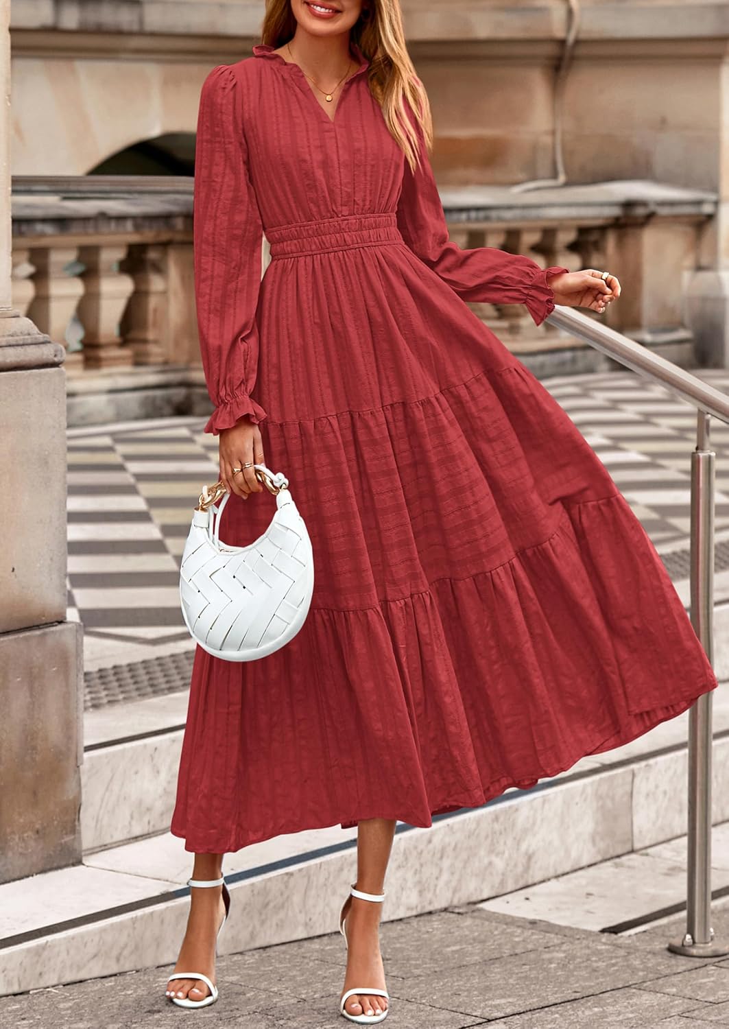 PRETTYGARDEN Womens 2025 Fall Wedding Guest Dresses Long Sleeve V Neck Flowy Elegant Holiday Party Maxi Dress with Pockets