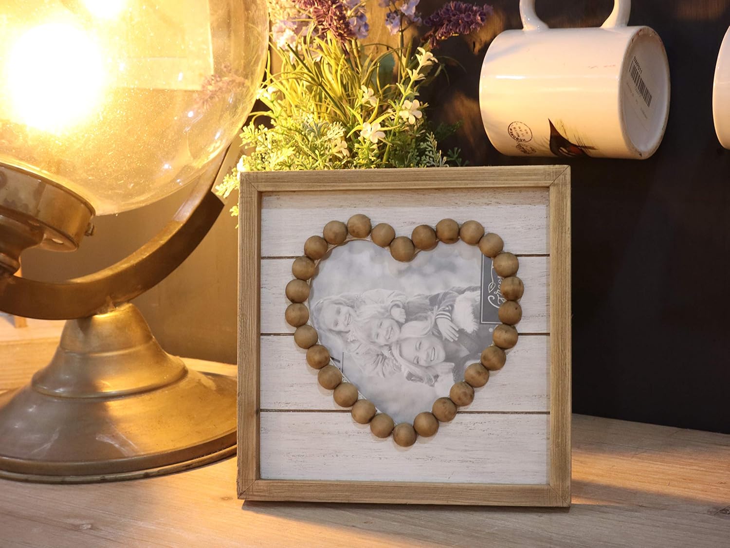 PARISLOFT Wood Heart-Shaped Picture Frames|Cute Farmhouse Style Vintage Photo Frame with Wood Beads.