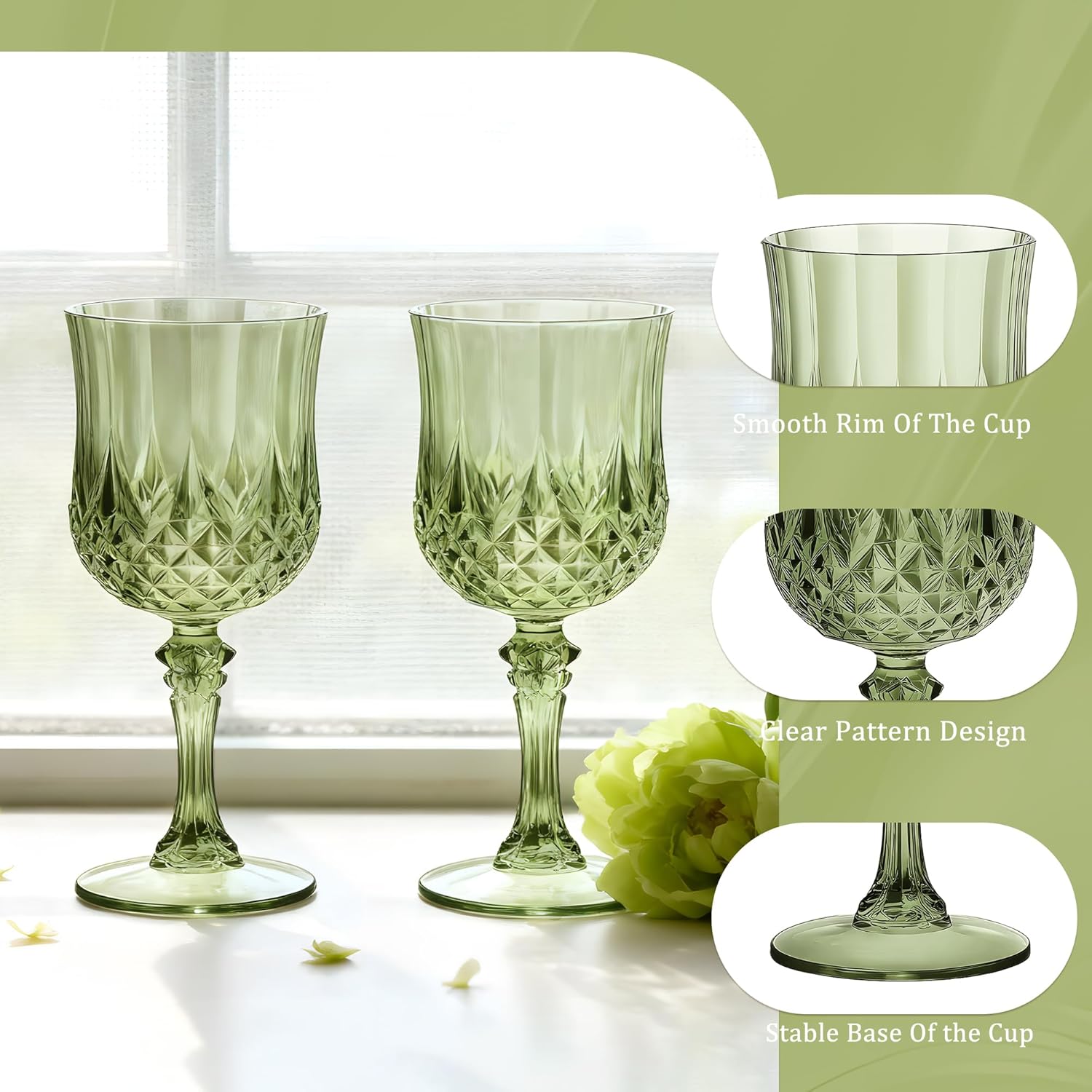 24PCS 7OZ Green Wine Plastic Glasses, Drinking Champagne Glasses Flutes Crystal Vintage Water Unbreakable Goblets for Wedding, Parties