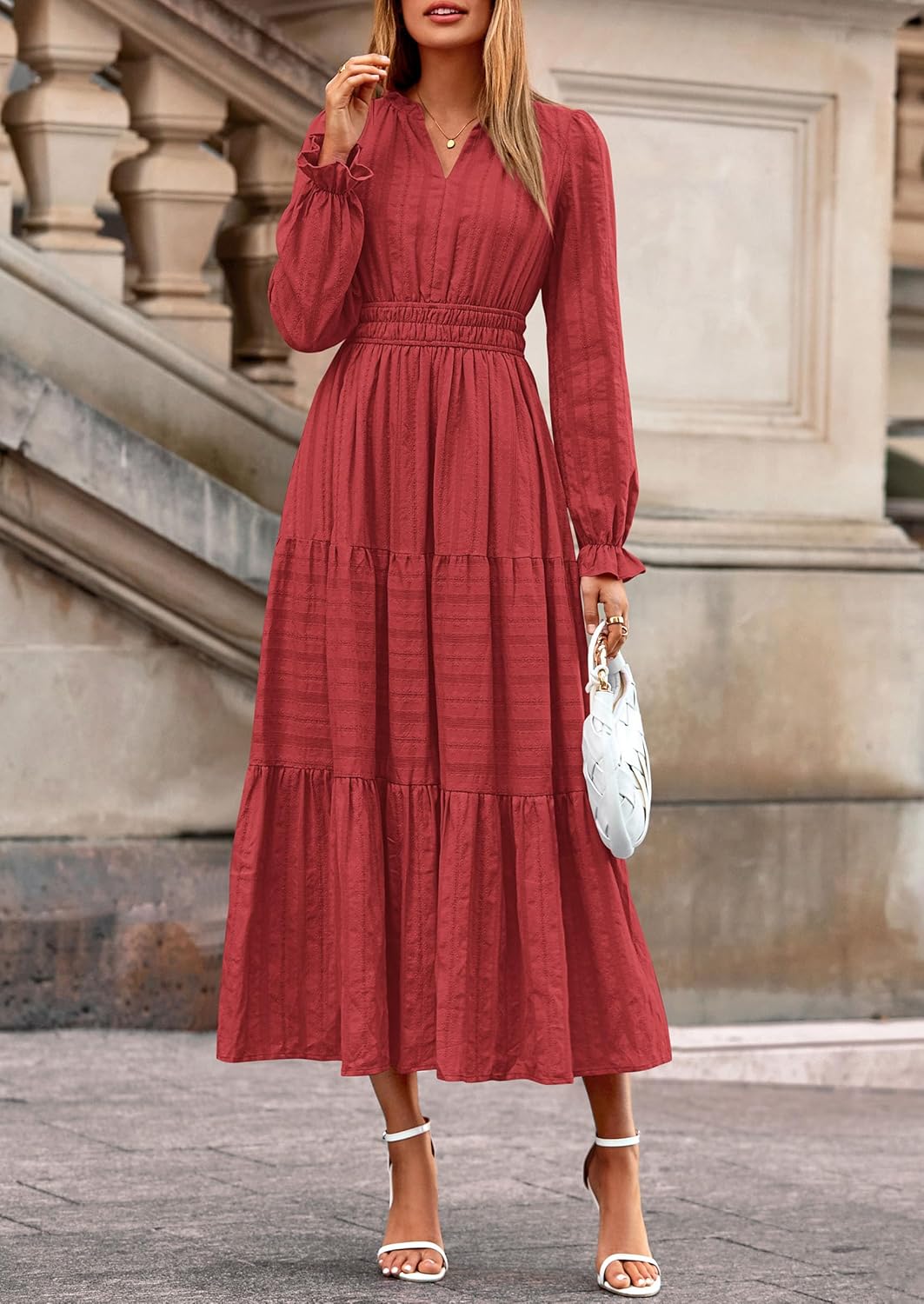 PRETTYGARDEN Womens 2025 Fall Wedding Guest Dresses Long Sleeve V Neck Flowy Elegant Holiday Party Maxi Dress with Pockets