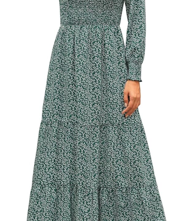 Annebouti Women's Fall Casual Long Sleeve Maxi Dress Boho Floral Smocked A-Line Modest Wedding Guest Long Dresses