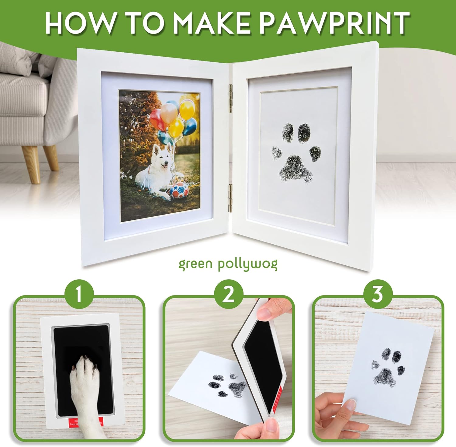 Green Pollywog | Paw Print Pet Keepsake Hinge Photo Frame + Ink Pad Kit | Dog Paw Print Kit | Extra-Large Ink Pad Included | 4 x 6 Picture Openings