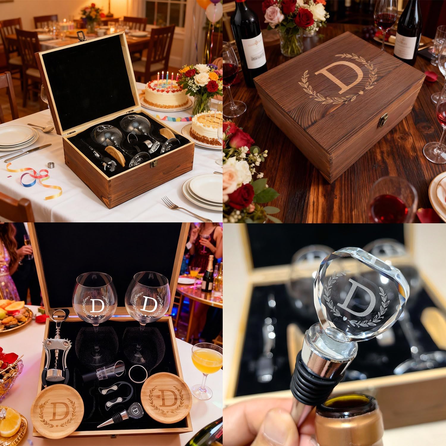 GZLDGIFTS Personalized Initial Wine Glasses Box Gift Set For Women Mom Engraved Birthday Monogrammed Wooden Christmas Gifts Wedding Anniversary Wine Couples Stopper Opener Initial Letterr (C Set)