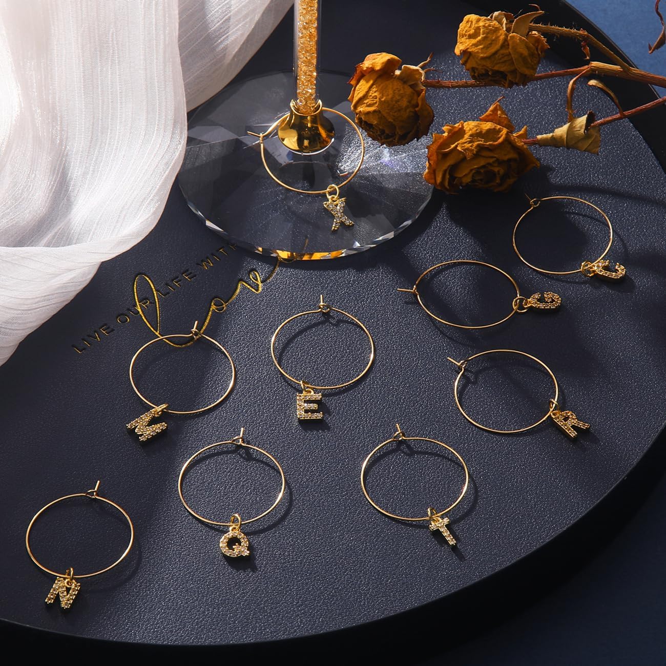 Pride & Par Gold Bling Letter Wine Glass Charms, 26-Piece Set, Diamond Wine Glass Markers for Stem Glasses, Shiny Wedding & Party Decoration