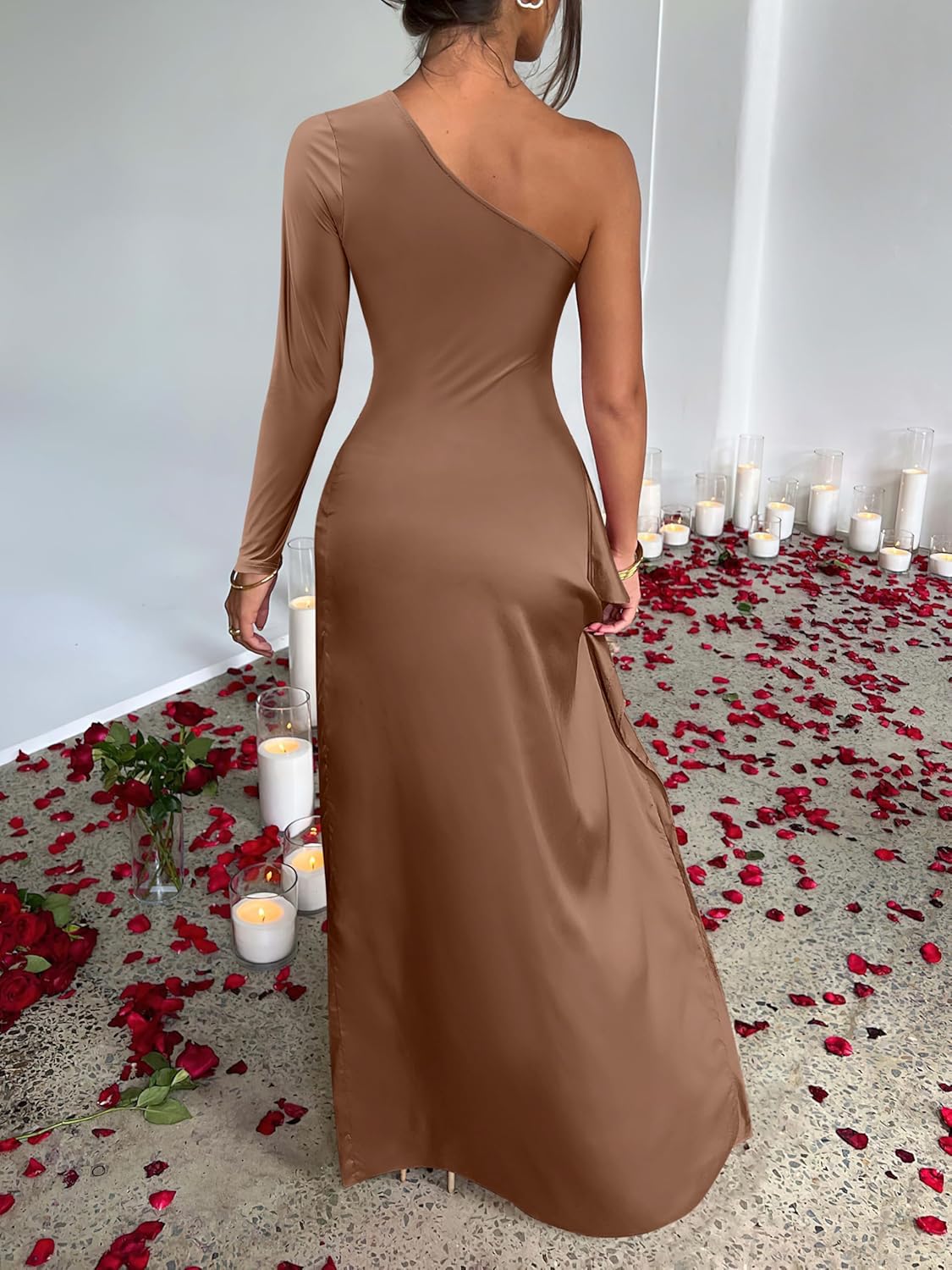 Caracilia Womens Wedding Guest Maxi Dress 2025 Fall One Shoulder Sleeve Satin Bodycon High Split Cocktail Formal Prom Dresses
