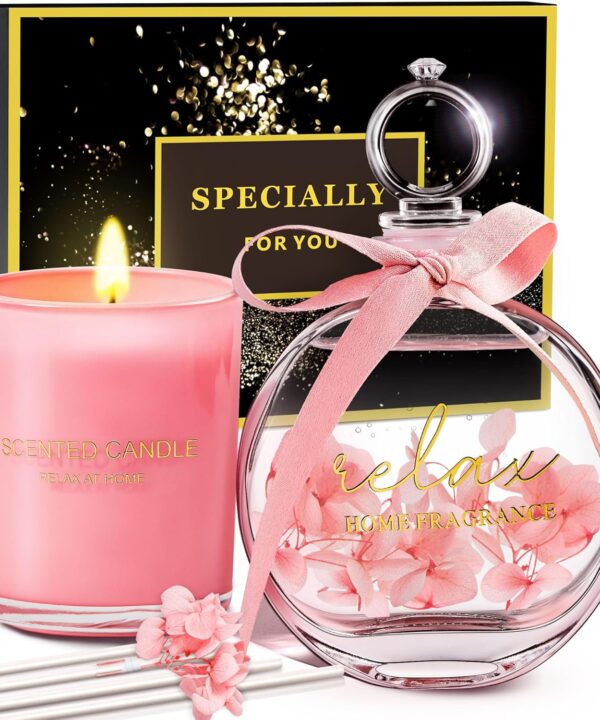 Birthday Gifts for Women, Mothers Day Gifts for Mom Daughter, Valentines Gift for Wife Girlfriend, Christmas Stocking Stuffers, Rose Candle Reed Diffuser Gift Set for Her