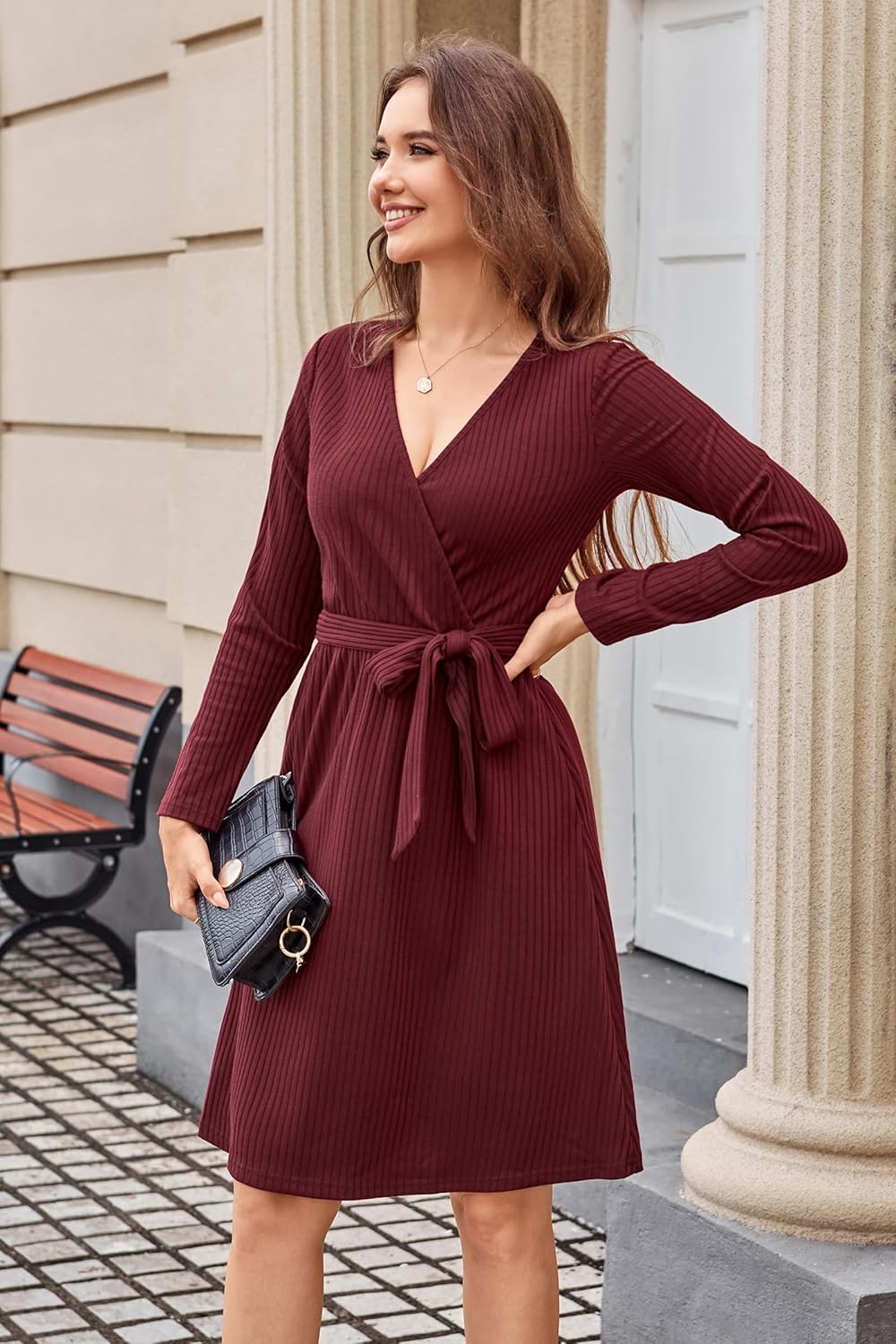 Newshows Womens 2025 Fall Dresses Teacher Church Business Casual Work Outfits Knit Midi Sweater Pockets Belt Dress