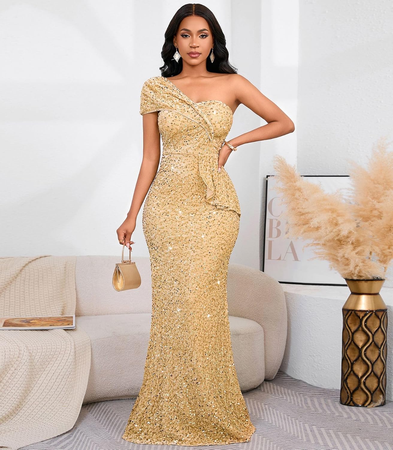 Cololura Women Sexy Sequin One Shoulder Mermaid Formal Party Cocktail Gowns Bodycon Evening Maxi Dress