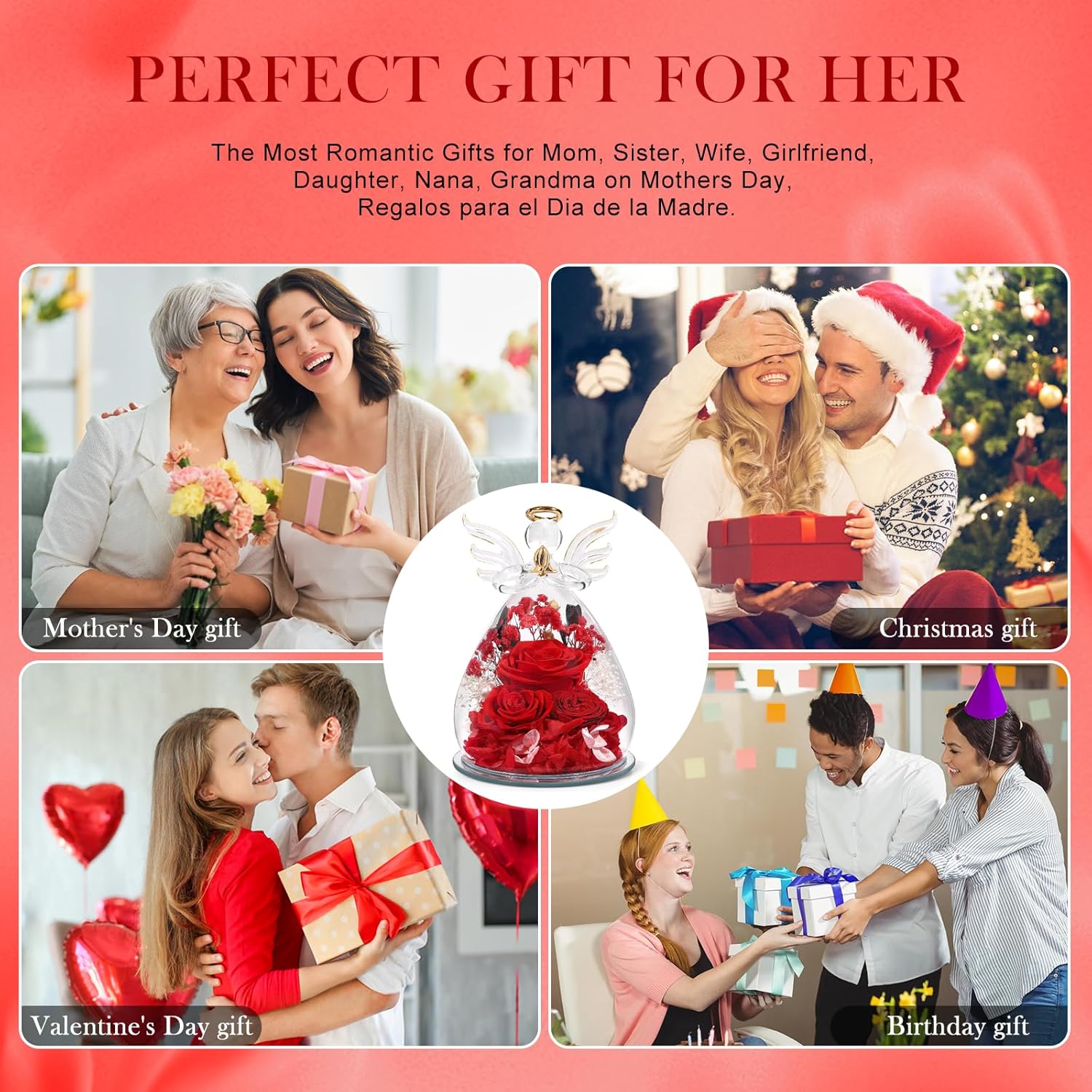 Gifts for Women Preserved Rose Forever Flower in Glass Angel Figurines Fresh Flowers for Delivery Prime Mothers Day Birthday Gifts for Mom Real Red Roses for Grandma Sister Wife Her from Daughter