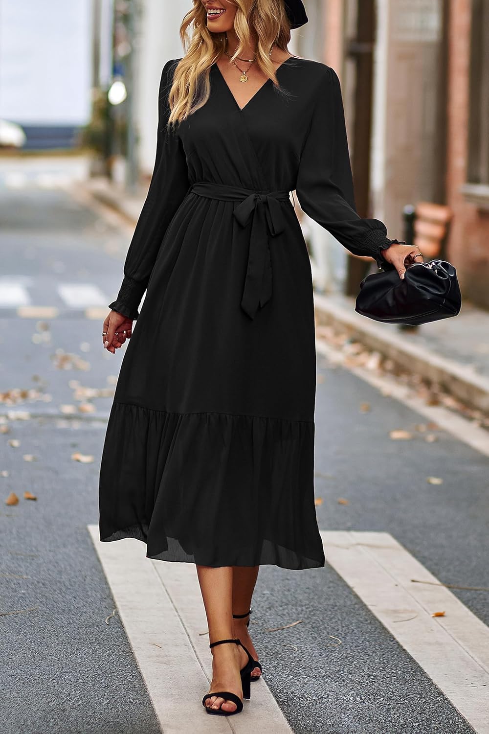 PRETTYGARDEN Womens Floral Boho Dress Fall Long Sleeve Wrap V Neck Ruffle Flowy Maxi Spring Wedding Guest Vacation Dresses