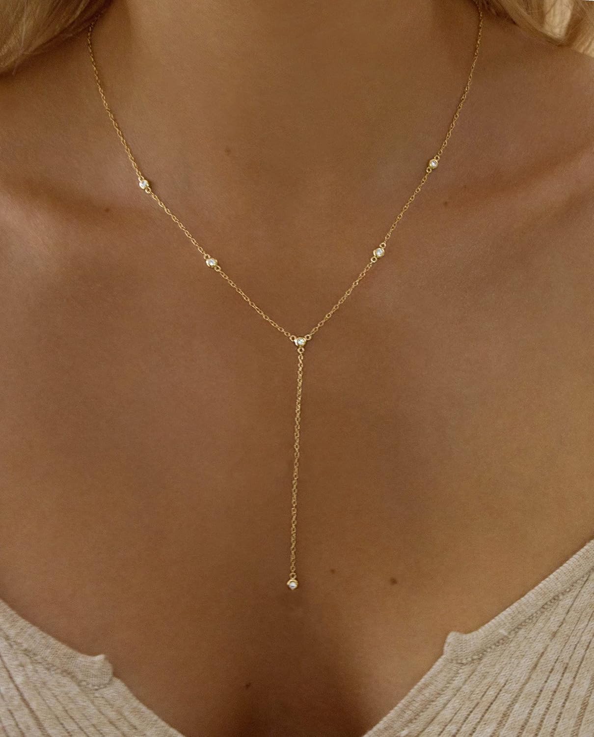 Gold Necklace for Women, Dainty Gold Long Necklaces 14k Gold Plated Prom Bar CZ Lariat Necklace Simple Choker Necklaces for Women Trendy Boho Fashion Costume Jewelry Womens