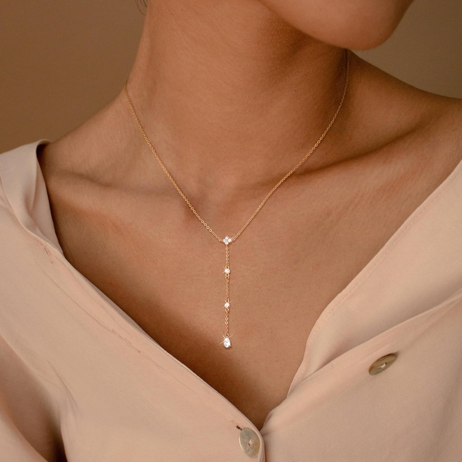 CHESKY Lariat Gold Necklace for Women Trendy, Dainty Long Necklace 14k Gold Plated/Silver Y-Shaped Pendant Necklace Layered CZ Beaded Chain Drop Necklaces Simple Gold Jewelry for Women Gifts