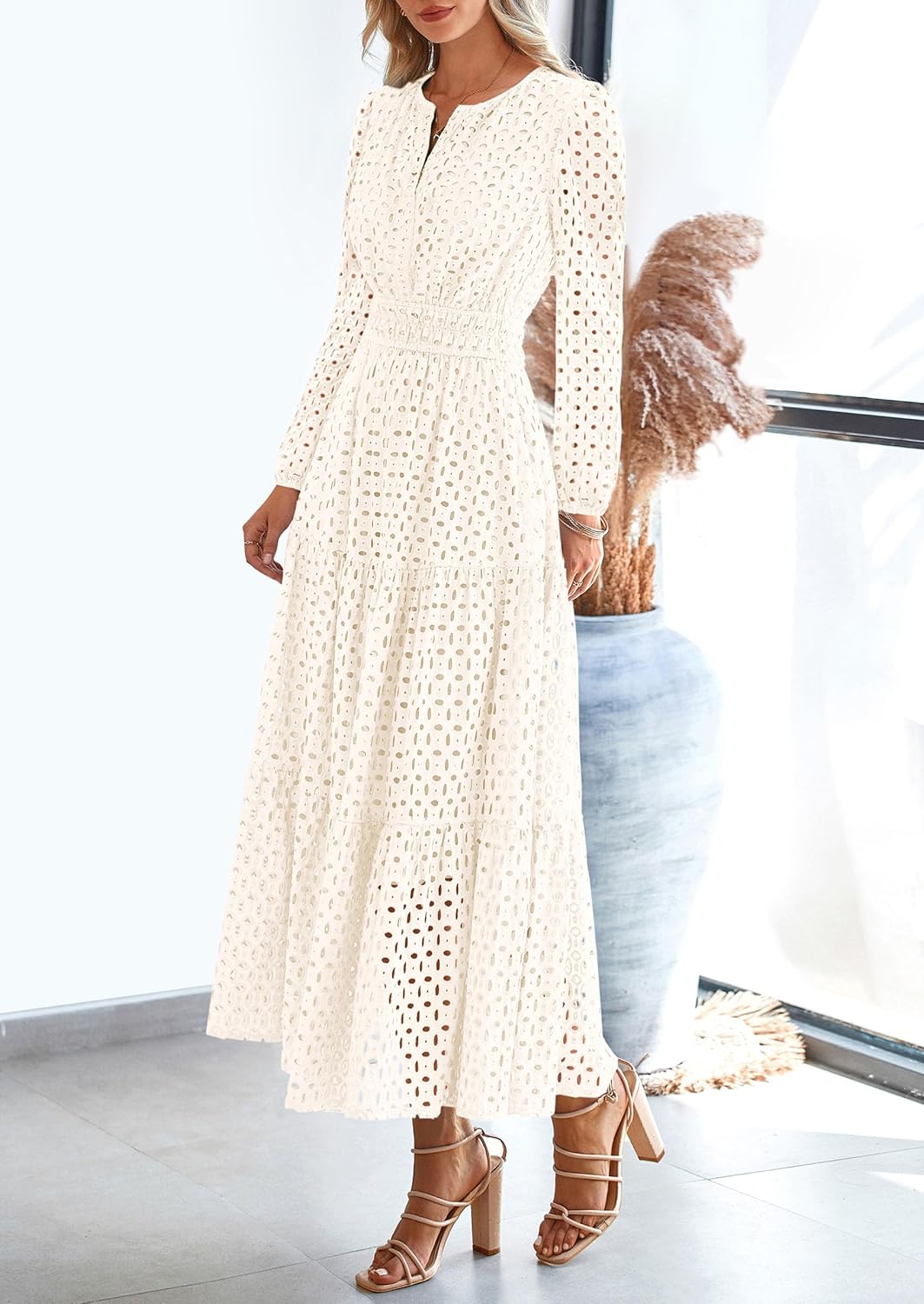 PRETTYGARDEN Womens Long Sleeve Maxi Dress V Neck Hollow Out Eyelet A Line Long Flowy 2025 Fall Wedding Guest Dresses