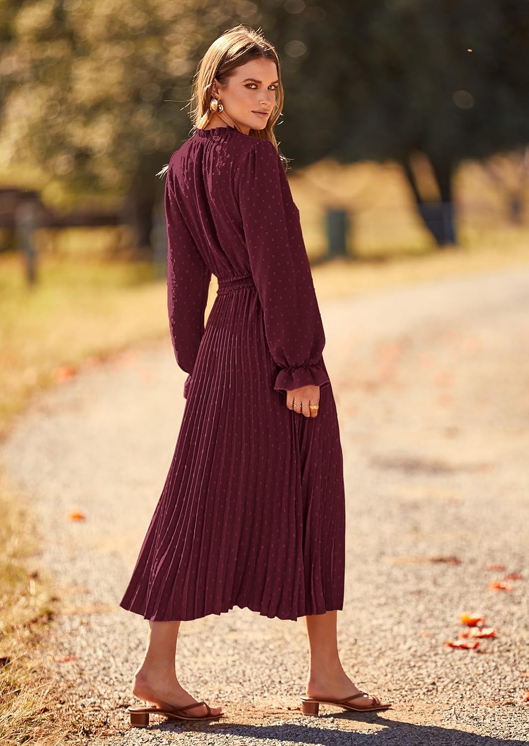 PRETTYGARDEN Womens 2025 Spring Fall Midi Dress Casual Long Sleeve V Neck Swiss Dot Pleated A Line Flowy Dresses