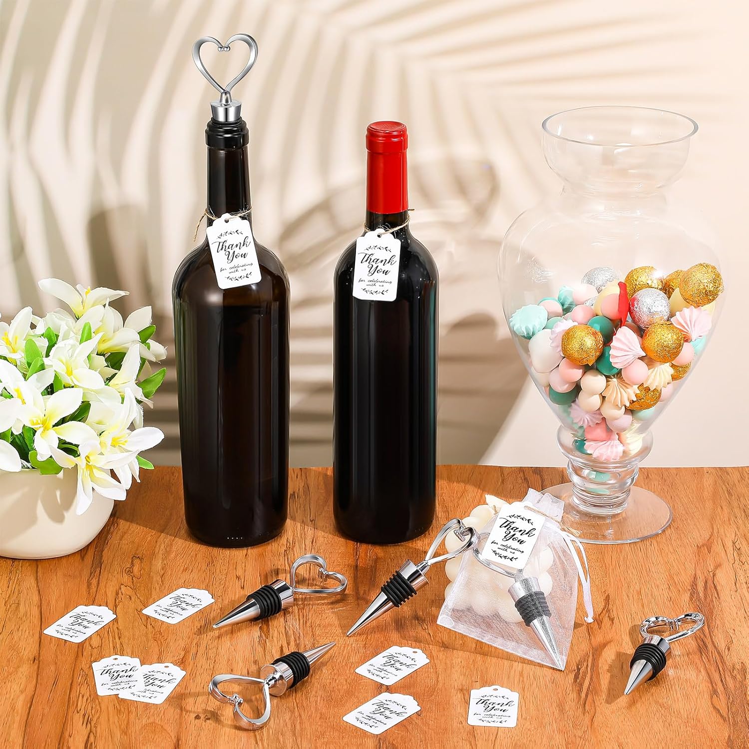 30 Pcs Heart Shape Wine Stoppers Love Wine Bottle Stopper Silver Champagne Beer Bottle Stopper 50 White Kraft Labels 30 Sheer Bags with String for Wedding Gift Valentine Decorations