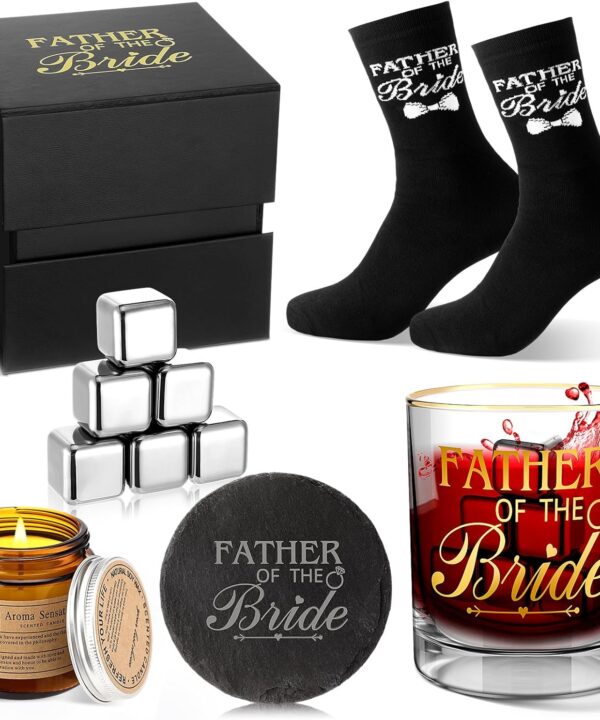 Wedding Gift Box for Father of the Bride or Groom - 10oz Whiskey Glass, Engraved Coaster, Stainless Steel Ice Cubes, Cotton Socks and Candle - Sentimental Gift from Daughter or Son (Bride)