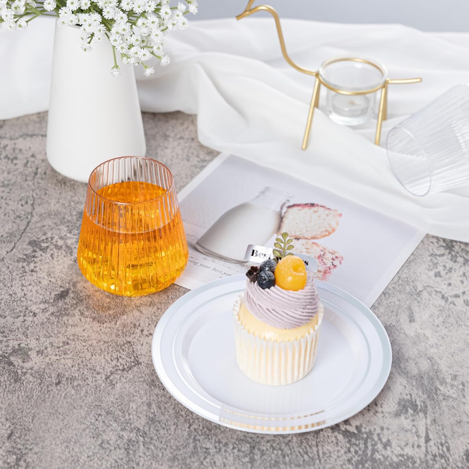 N9R 24 Count plastic wine glasses disposable 12oz – Elegant Origami Ripple Design, Shatterproof & Disposable for Whiskey, Cocktail, Champagne, Parties, Weddings, Events