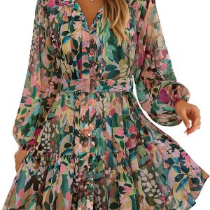 ZESICA Womens Fall Floral Mini Dress 2025 Long Sleeve Button Down Chiffon A Line Flowy Short Shirt Dresses with Belt
