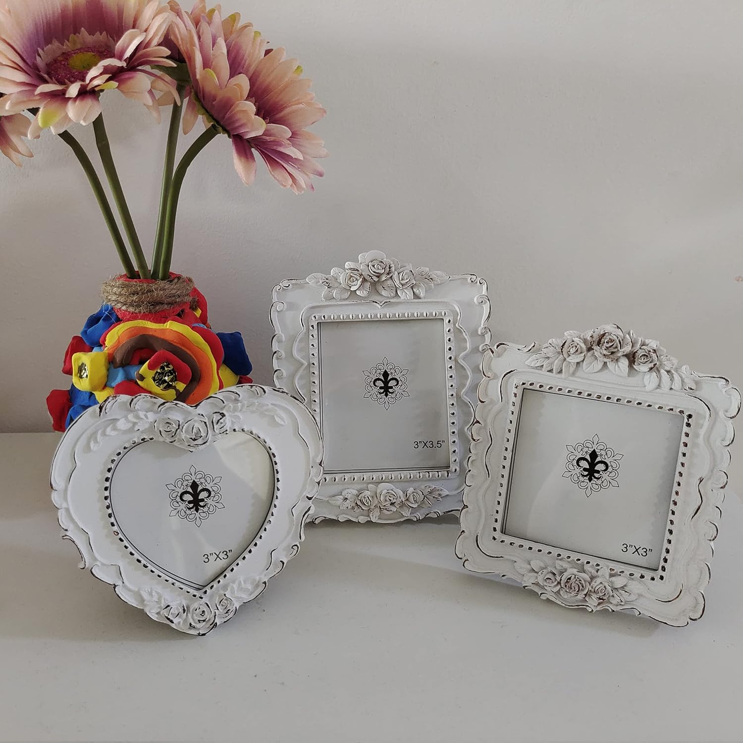 Resin Picture Frame 3×3 Heart and Wood Frame Creativity Design,3×3 Photo frames White.