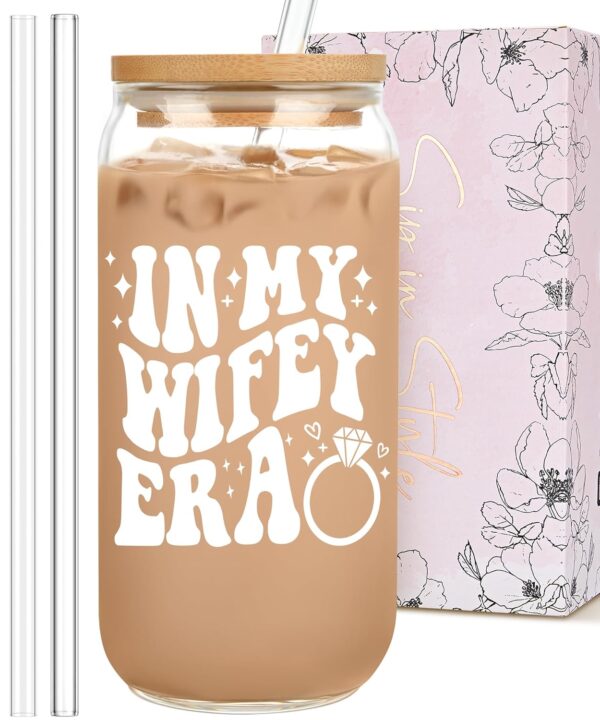 Bridal Shower Gift - Cute Cool Wedding Day Idea for Bride to Be, Future Mrs, Bachelorette - In My Wifey Era Glass Cup Tumbler