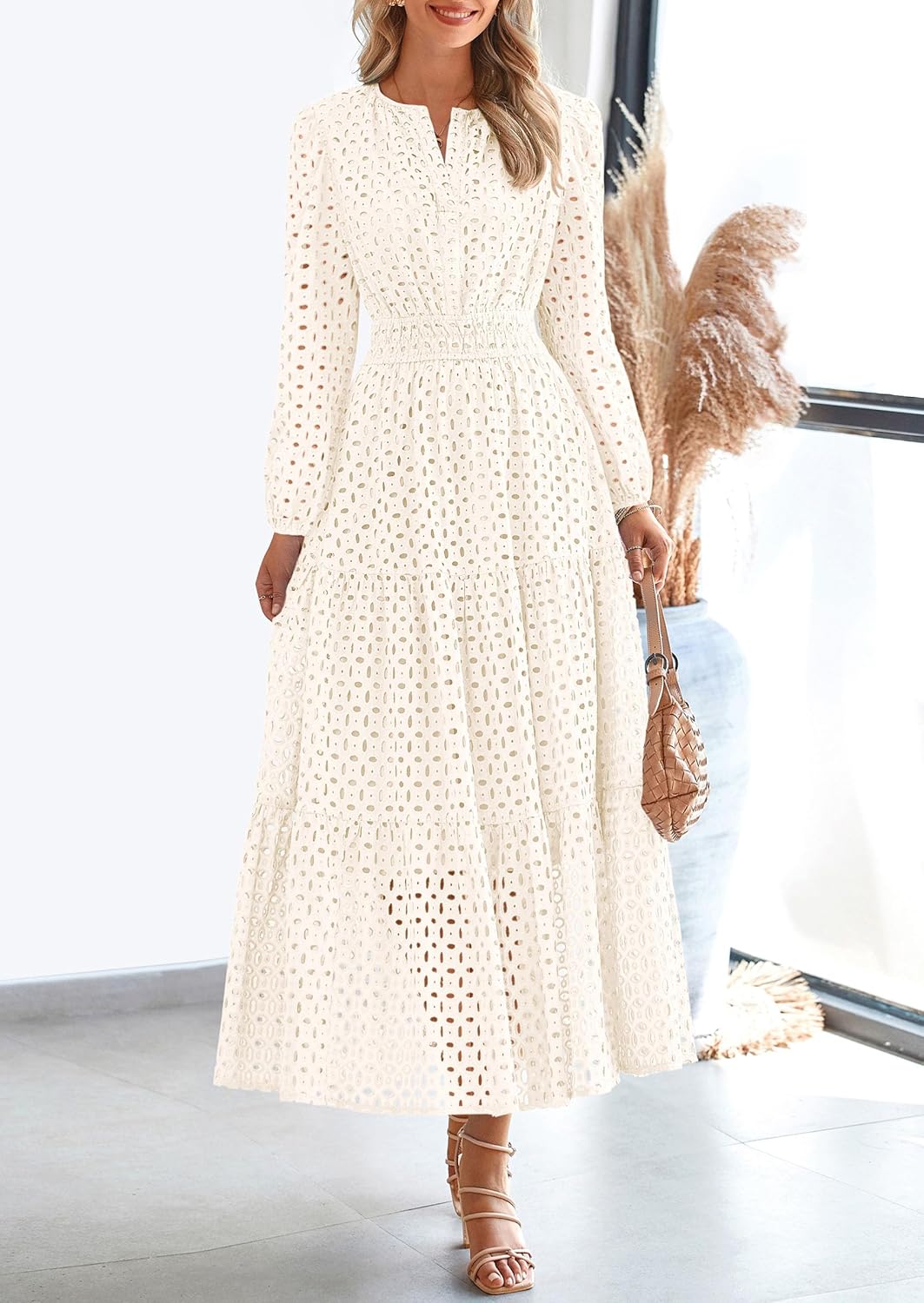 PRETTYGARDEN Womens Long Sleeve Maxi Dress V Neck Hollow Out Eyelet A Line Long Flowy 2025 Fall Wedding Guest Dresses