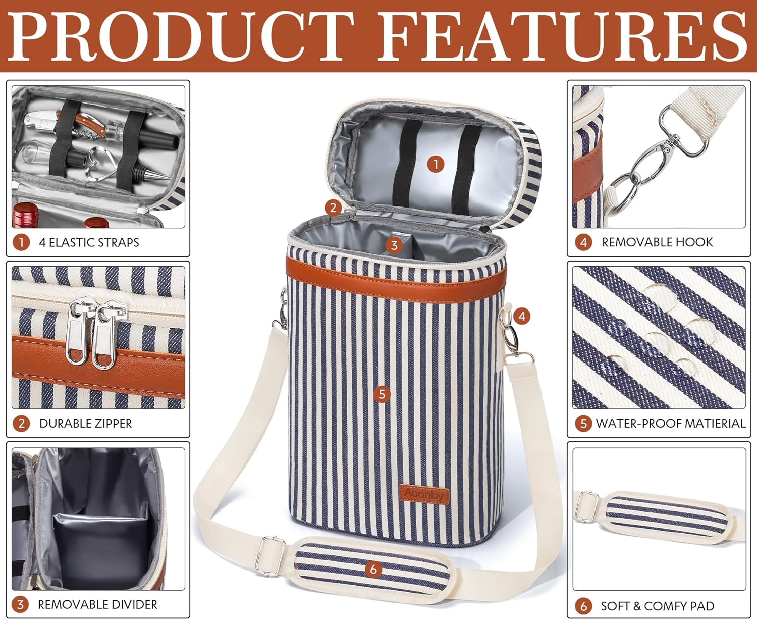 2 Bottle Wine Bag Wine Cooler Carrier Wine Gift Tote Bag, Leakproof & Insulated Bottle Bags for Travel, BYOB, Beach, Dinner, Party, Christmas Gifts for Wines Lovers Women Men – Navy Stripe