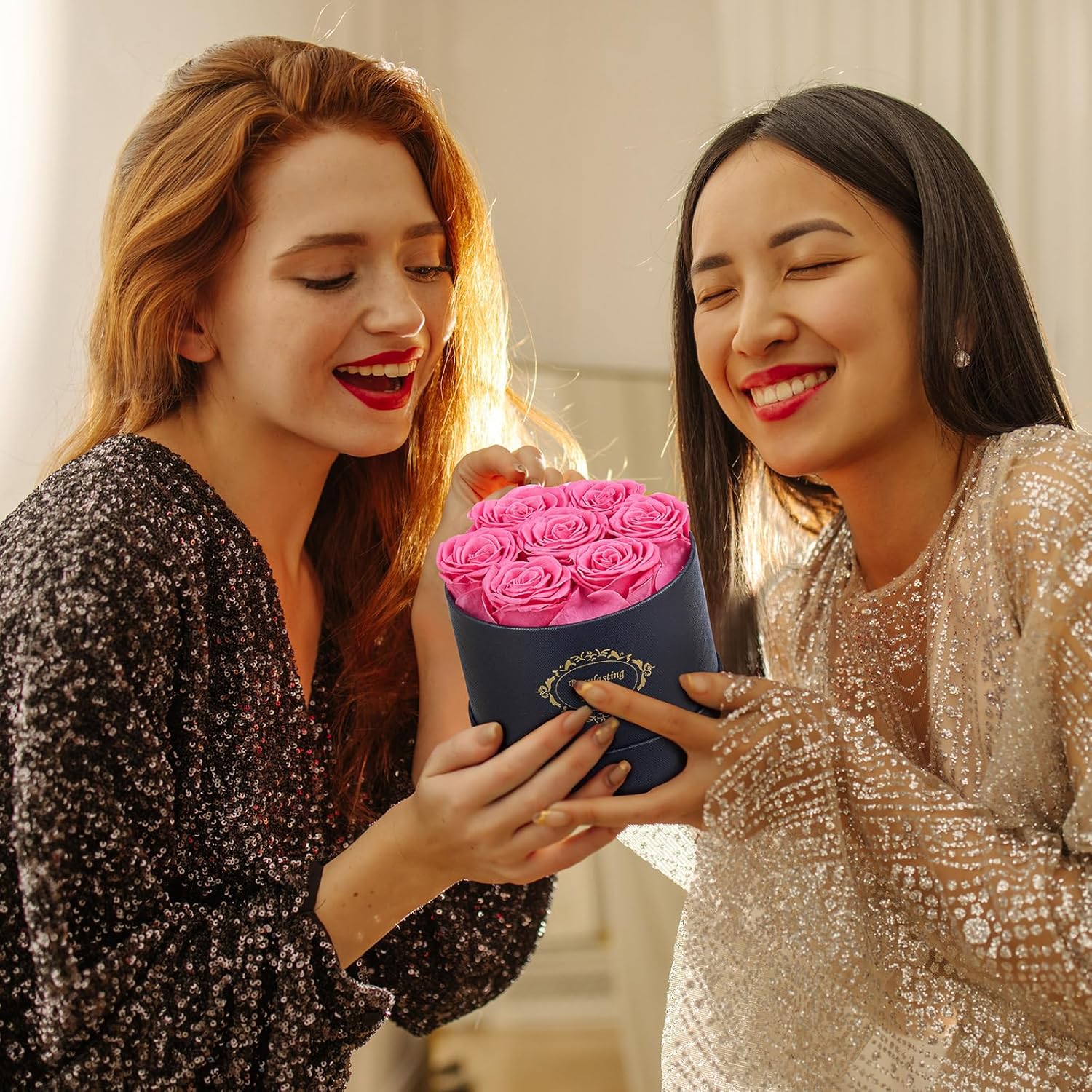 Beaulasting Long Lasting Preserved Roses in a Box Last a Year Forever Flowers for Her Mom Wife Anniversary Birthday (Round Black Box, Pink)