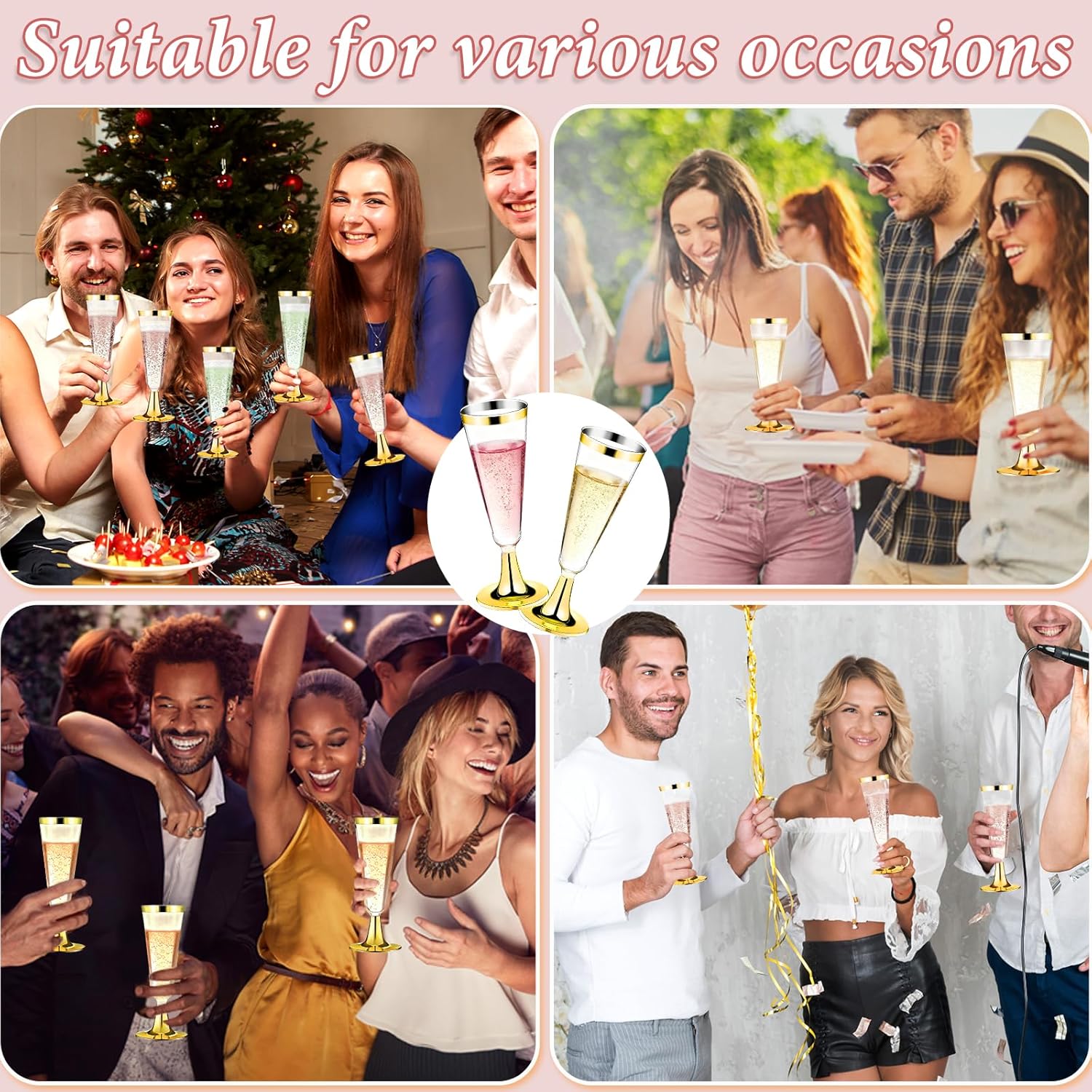 100 Pack Plastic Champagne Flutes with Gold Rim Gold Bottom, 5.5 Oz Clear Disposable Plastic Champagne Glasses, Wine Glasses Cups for Wedding Celebration Party Wine Tasting New Years Eve Supplies