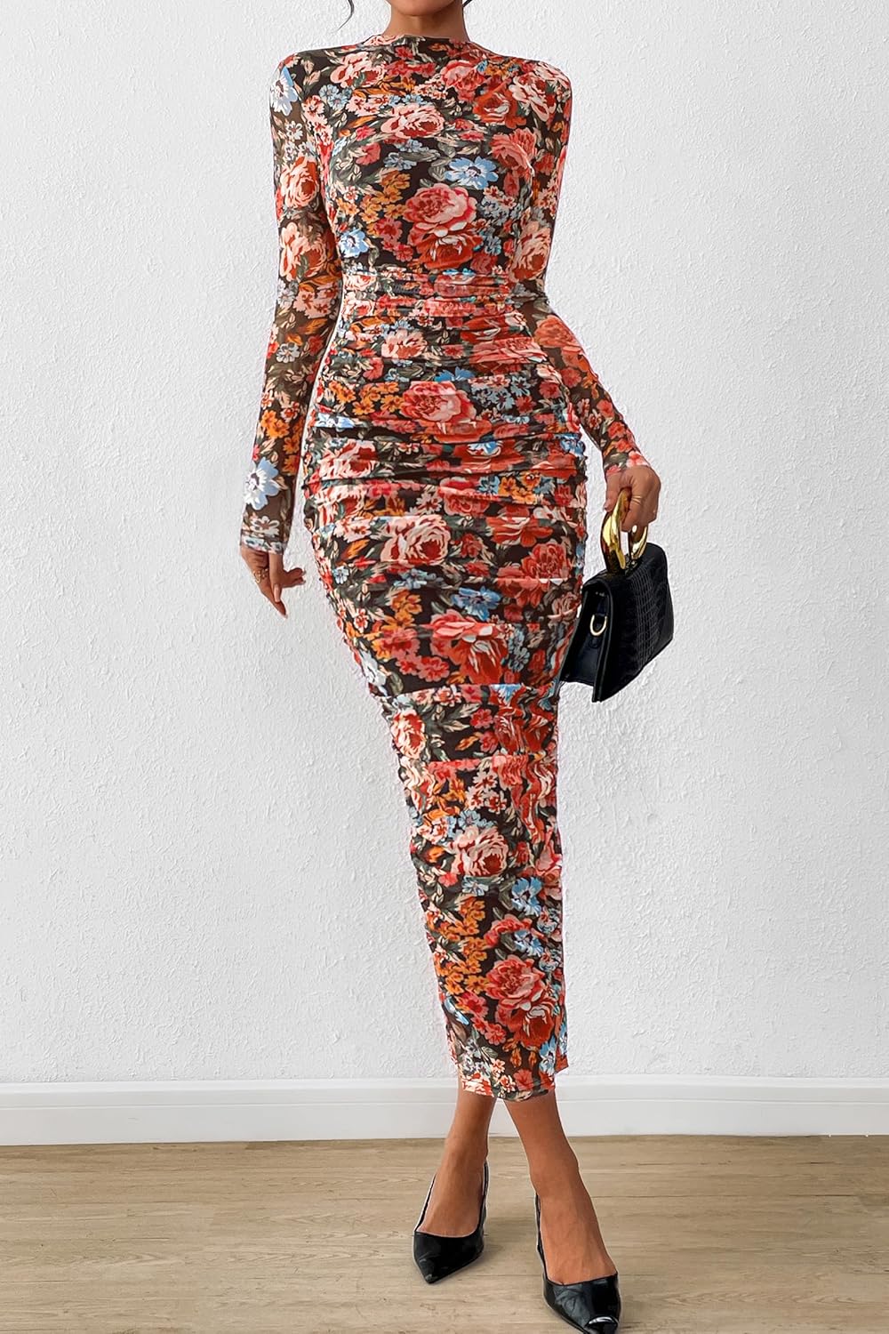 PRETTYGARDEN Women’s Long Sleeve Maxi Dress 2025 Fall Ruched Bodycon Floral Mesh Formal Wedding Guest Cocktail Party Dresses