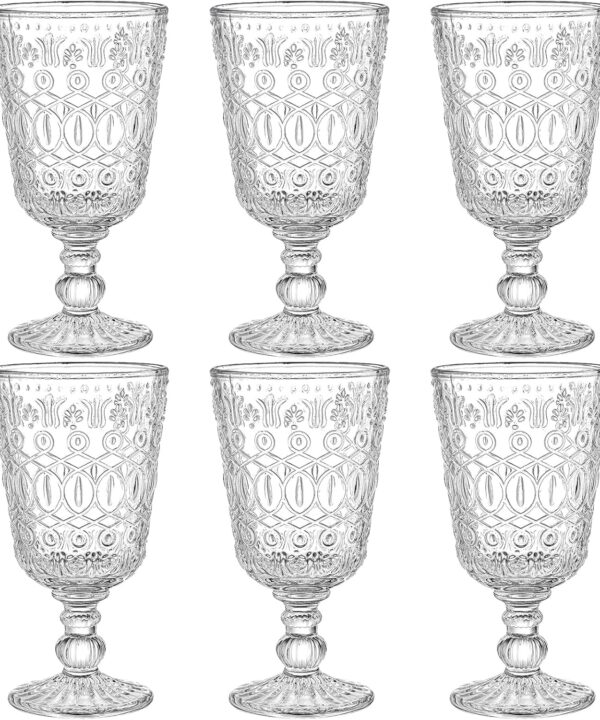 SOUJOY Set of 6 Vintage Wine Glasses, 10oz Clear Glass Goblet, Handmade Pressed Water Drinking Cup with Stem for Party, Wedding