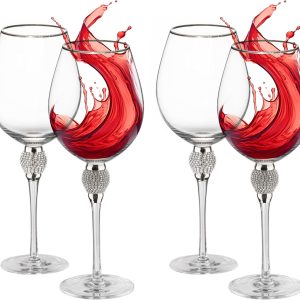 Rimmed Red Wine Glasses with Diamond Rhinestone Accent 18 oz, 10 Inches Tall Perfect Toasting Glasses for Bride and Groom Great for Party Wedding Anniversary and Special Occasion (Silver, Set of 4)