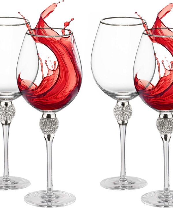 Rimmed Red Wine Glasses with Diamond Rhinestone Accent 18 oz, 10 Inches Tall Perfect Toasting Glasses for Bride and Groom Great for Party Wedding Anniversary and Special Occasion (Silver, Set of 4)