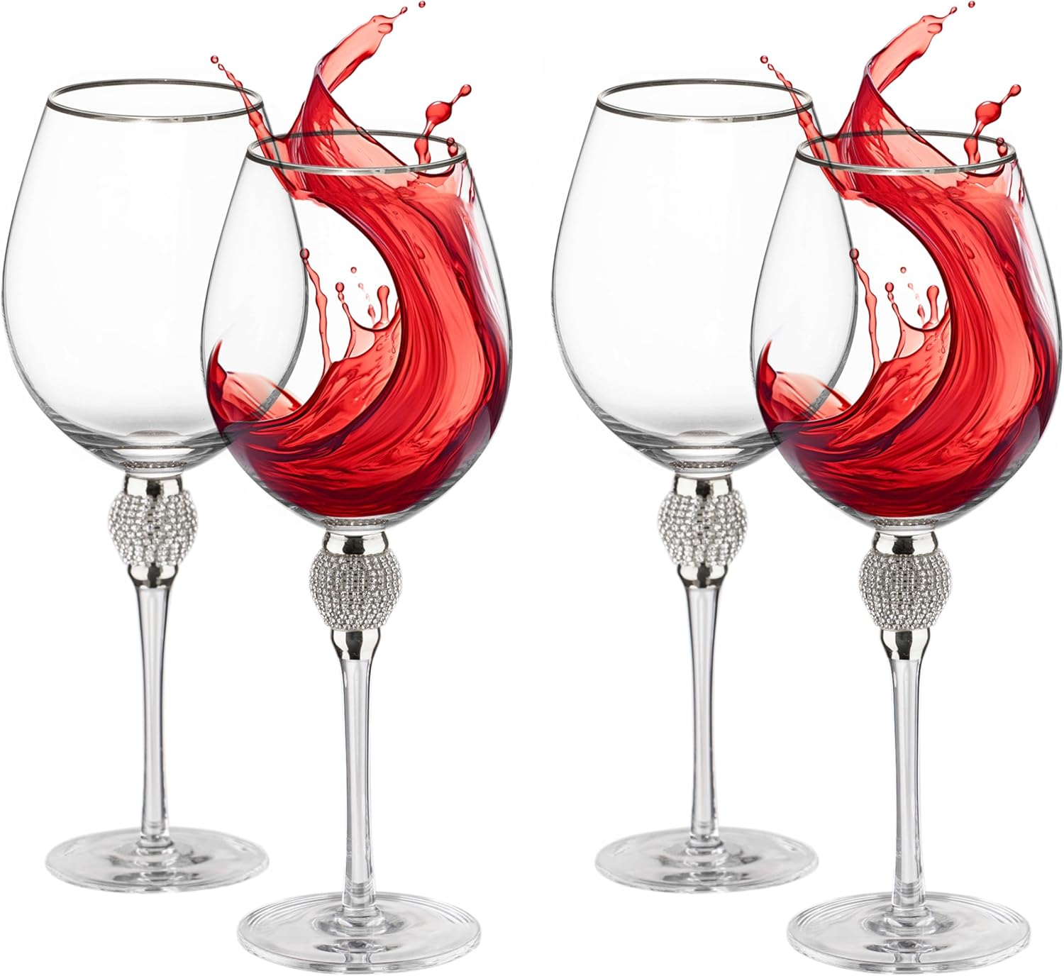 Rimmed Red Wine Glasses with Diamond Rhinestone Accent 18 oz, 10 Inches Tall Perfect Toasting Glasses for Bride and Groom Great for Party Wedding Anniversary and Special Occasion (Silver, Set of 4)