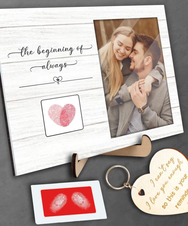 4x6 Covered Love Picture Frames for Couples with Heart Keychain Thumbprint Photo Portrait Plaque Wall Art Sign Anniversary Valentine Engagement Gifts for Him Her Boyfriend Husband Wife HF335