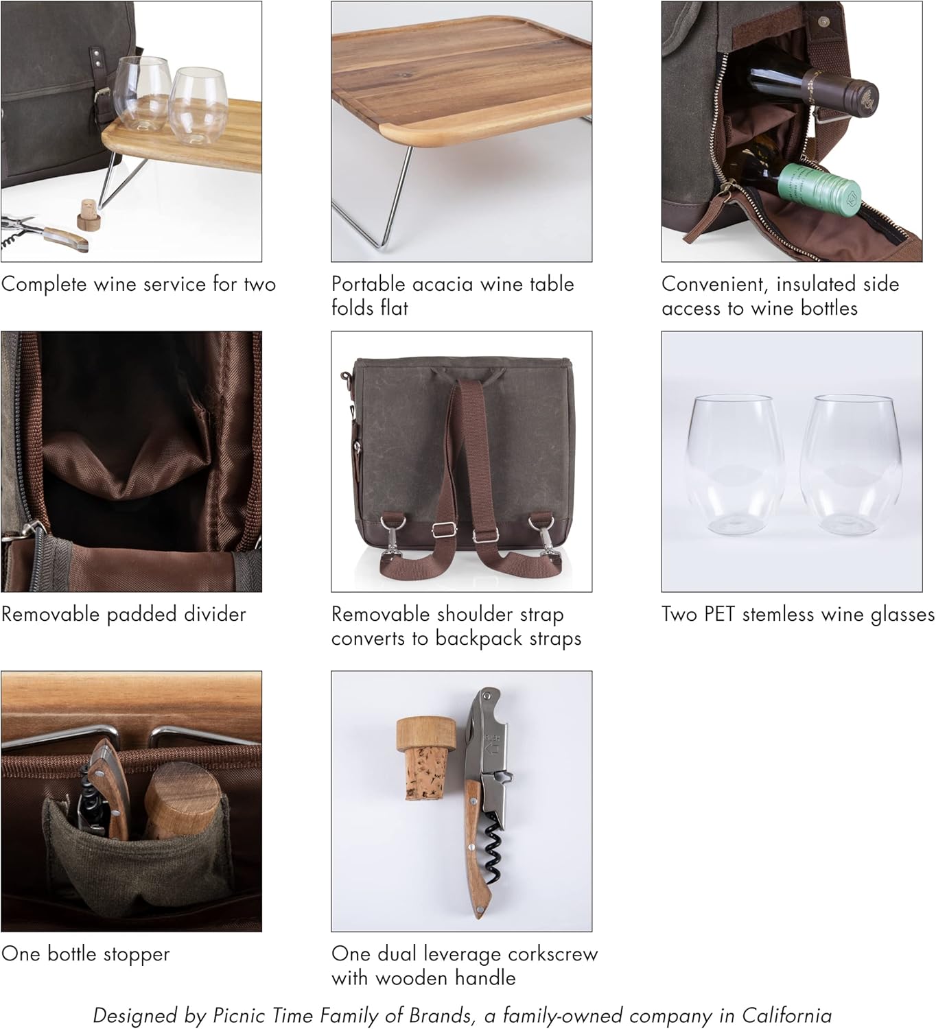 LEGACY – a Picnic Time Brand Adventure Wine Tote Bag with Wine Glasses and Mini Table, Khaki Green/Brown