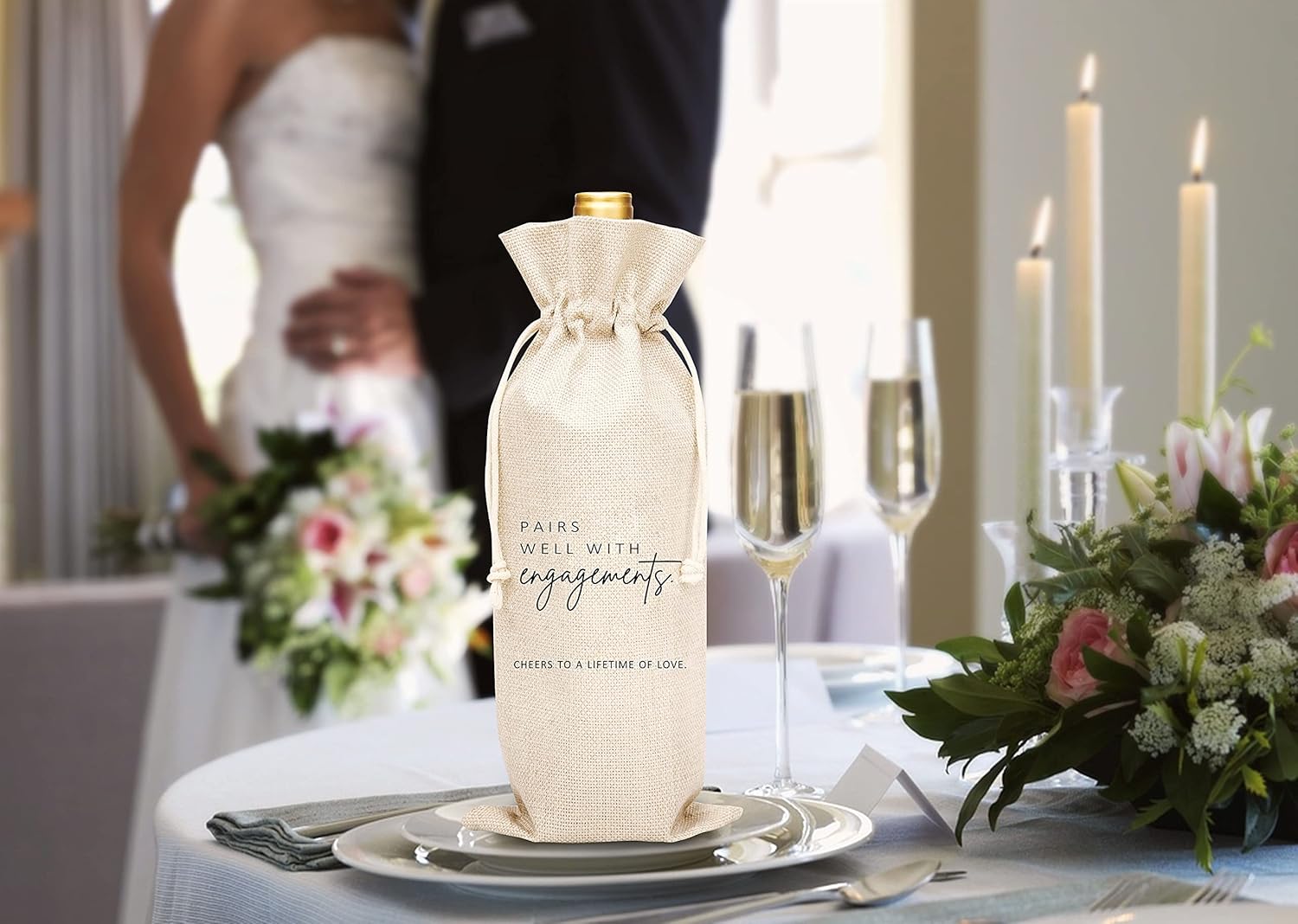 Wedding Gift Wine Bags, Burlap Wine Bottle Cover Bag For Engagement, Bridal Shower, Bridesmaid, Bachelorette Party Favor, 1 Pc Wine Bag (A32)