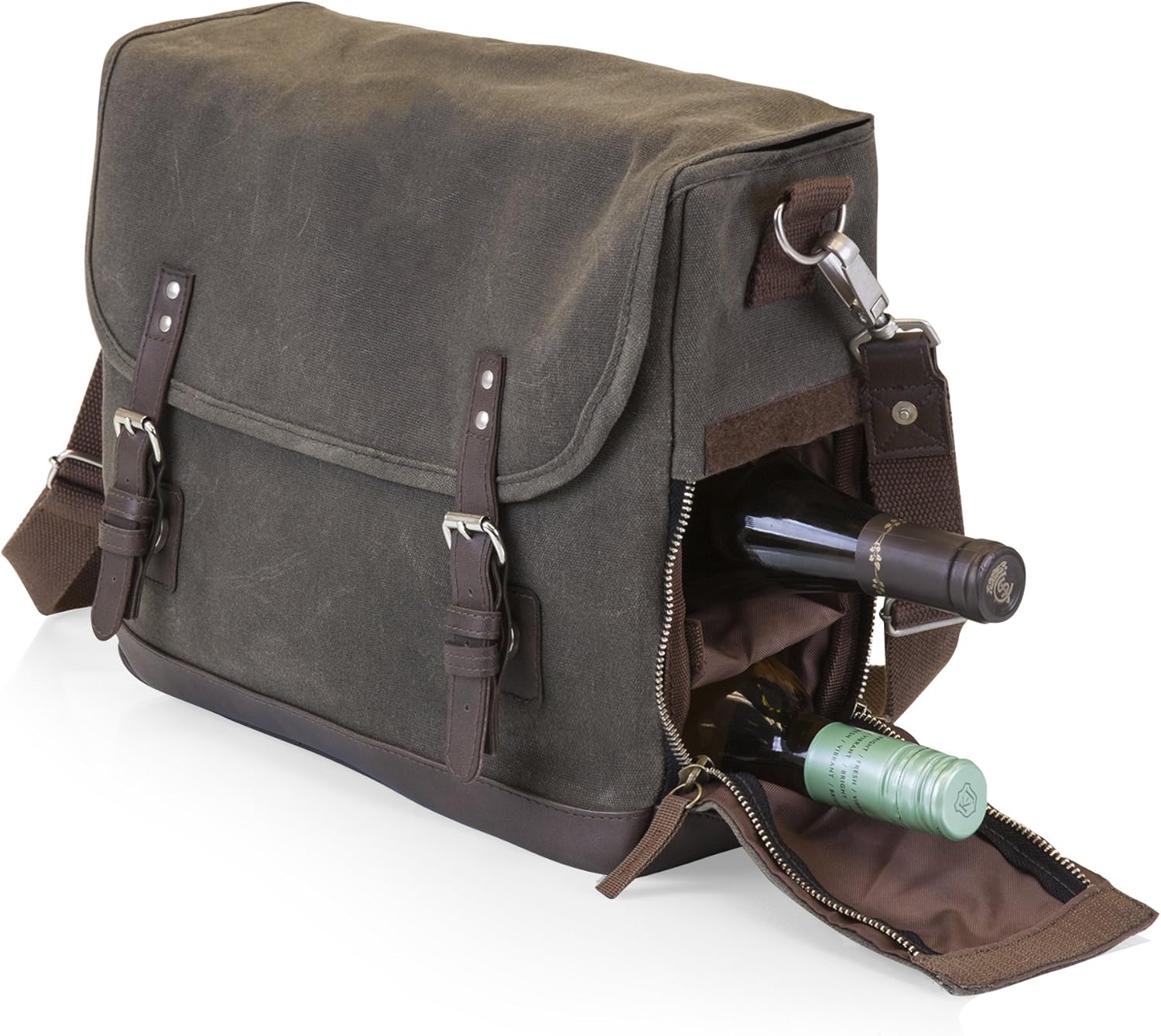 LEGACY – a Picnic Time Brand Adventure Wine Tote Bag with Wine Glasses and Mini Table, Khaki Green/Brown